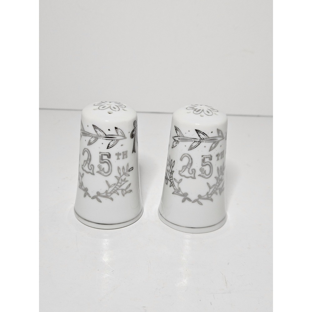 Lefton 25th Anniversary Salt and Pepper Shakers Silver White Porcelain 1957